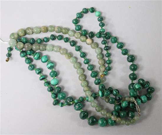 Two graduated malachite bead necklaces and one other hardstone necklace.